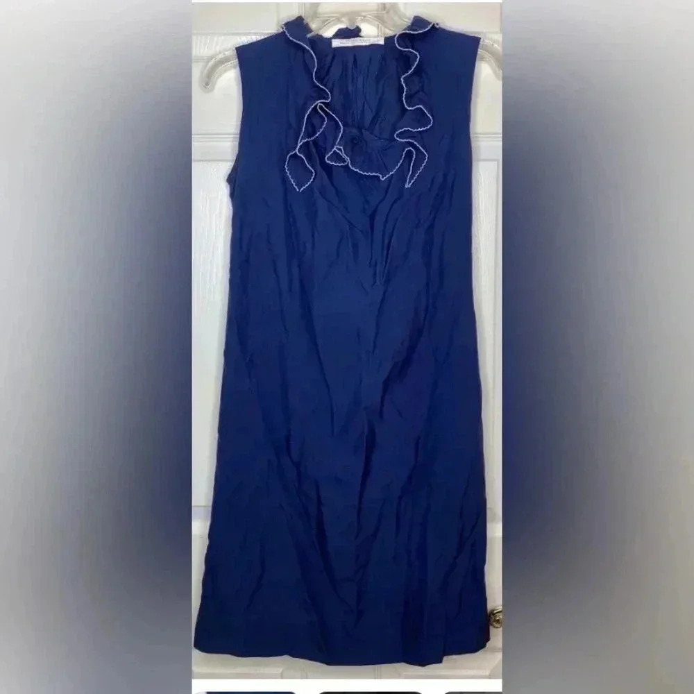Vintage SHANNON MCLEAN navy Blue White V-Neck Ruffle Sleeveless Dress Small?